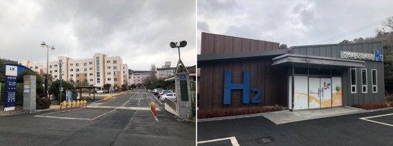 울산시가 지난 2013년 산업통상자원부와 에너지관리공단의 지원을 받아 수소타운으로 조성한 울주군 온산읍 덕신리 엘에스니꼬(LS-Nikko) 동제련 사택(왼쪽)의 모습과 사택 인근의 수소타운홍보관의 모습. 1단계 시범사업이 지난해 연말 종료됨에 따라 홍보관은 현재 운영되지 않고 잇다. /사진=최수상 기자