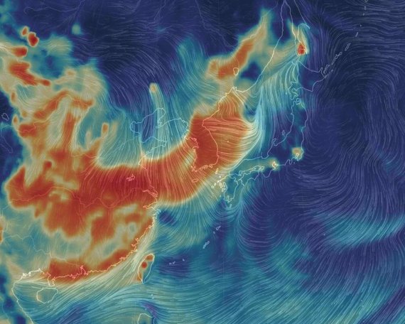 세계 기상 정보를 시각화한 비주얼 맵 '어스널스쿨' 캡처 사진. 중국발 초미세먼지가 기류를 타고 한반도를 덮치는 장면을 선명하게 보여준다.