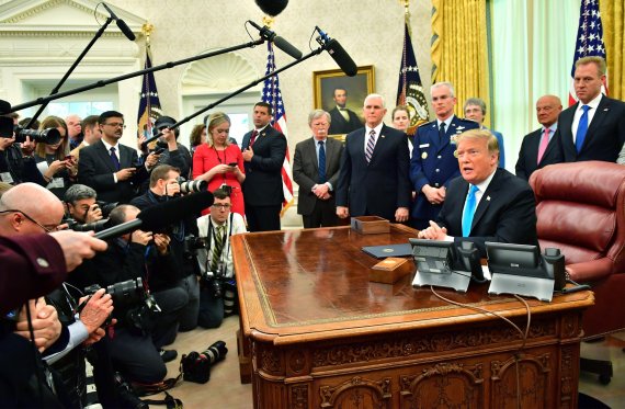 President Donald J. Trump speaks to the media after signing Space Policy Directive-4 (SPD-4), in the Oval Office at the White House in Washington, D.C. on February 19, 2019. The directive instructs the Department of Defense to establish the the United States Space Force as the sixth branch of the Ar