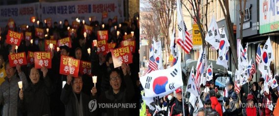 김진태 의원의 사무실 앞에서 '촛불 부대'와 '태극기 부대'가 맞붙었다. /사진=연합뉴스