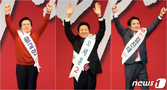 황교안(왼쪽부터), 오세훈, 김진태 자유한국당 2.27전당대회 당대표 후보 © News1 이종덕 기자