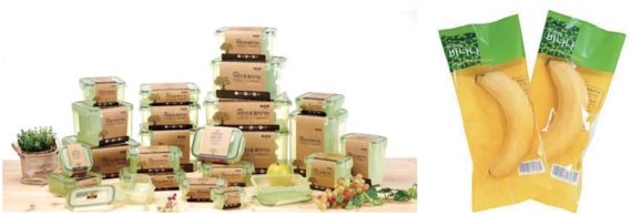 왼쪽부터 코멕스가 만든 산화 생분해 플라스틱 소재의 주방용품 '자연으로 돌아가는' 시리즈, 신세계푸드 자연분해 필름인'PLA'를 적용해 만든 비닐 포장재. 각 사 제공