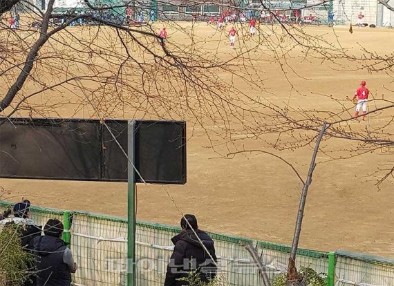 ▲ 지난 3월 19일 인천 동구 동산고등학교 야구팀의 연습경기를 바로 보고 있는 학부모들.