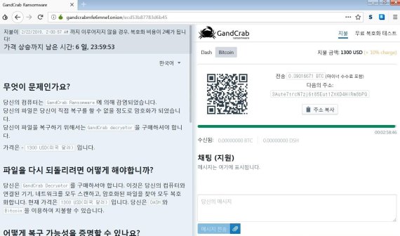갠드크랩에 감염된 PC 화면. 암호 해제 조건으로 비트코인 등 암호화폐를 요구하고 있다./사진=경찰청 제공