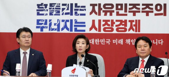 나경원 자유한국당 원내대표가 29일 서울 여의도 국회에서 열린 원내대책회의에서 모두발언을 하고 있다. 2019.3.29/뉴스1 © News1 김명섭 기자