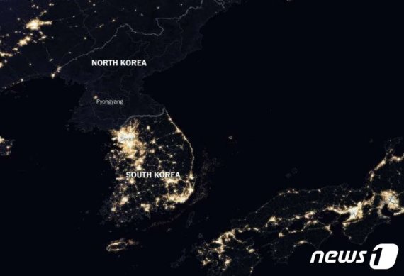 북한 야간 불빛 위성사진 <출처=휴먼 프로그레스 트위터> © 뉴스1