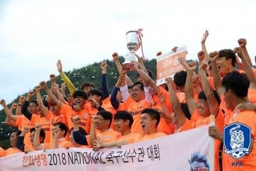 2018 내셔널축구선수권대회에서 우승을 차지한 대전코레일 선수들이 환호하는 모습.[대한축구협회 제공=fnDB]