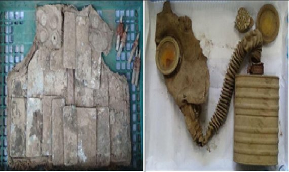 화살머리고지에서 발굴된 미군 방탄복(좌) 및 중국군 방독면(우). 사진=국방부 제공