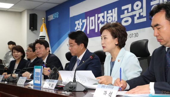 김현미 국토교통부 장관(오른쪽 두번째)이 28일 오전 국회 의원회관에서 열린 장기미집행 공원 해소방안 당정협의에서 발언하고 있다./연합뉴스