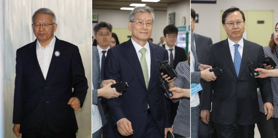재판 받으러 가는 '前 사법 수장들' 사법행정권 남용 혐의로 기소된 양승태 전 대법원장(왼쪽부터), 고영한, 박병대 전 대법관이 29일 오전 공판이 열리는 서울중앙지법 법정으로 향하고 있다. 연합뉴스