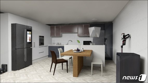 홈플래너 시연화면. TV 사이즈 및 소파와의 거리, 식탁 등의 배치와 관련한 거리감을 간접 체험할 수 있도록 3D 화면으로 구현해 보여준다.© 뉴스1