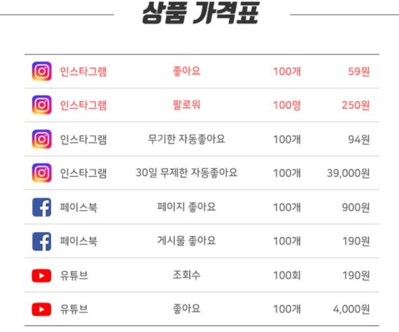 SNS 좋아요, 팔로우 가격이 명시됐다/사진=업체 홈페이지 캡쳐