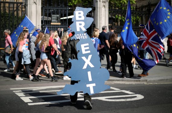A pro-Brexit supporter is seen outside Parliament in London, Britain, June 17, 2019. REUTERS/Hannah McKay /REUTERS/뉴스1 /사진=