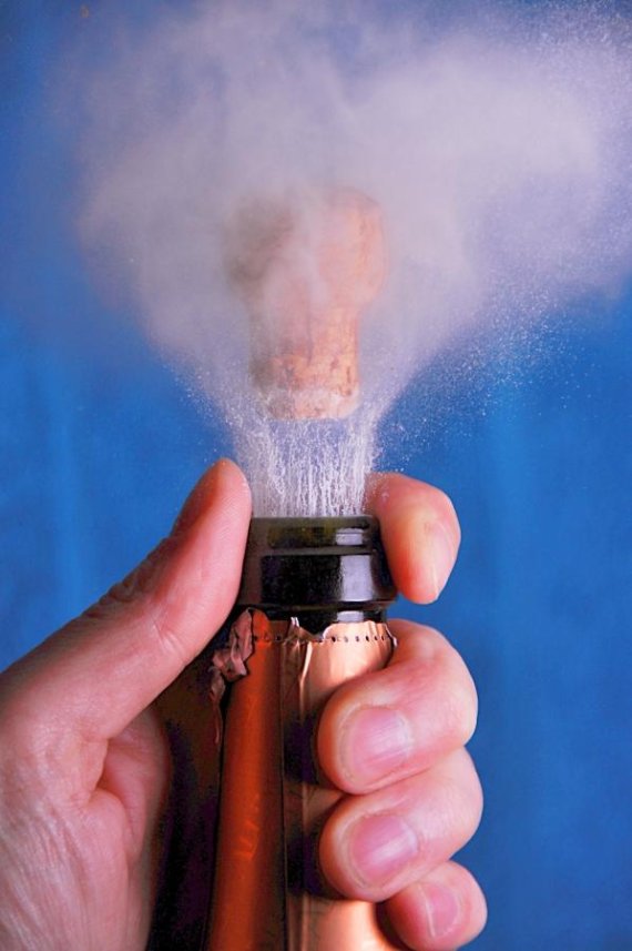 샴페인 코르크를 따는 순간 샴페인이 압력을 못이기고 밖으로 흘러넘치는 모습. 그러나 샴페인은 이처럼 밖으로 와인이 넘치도록 열면 안됩니다. 철사줄을 풀고 코르크를 엄지손가락으로 막은 후 병을 살살 돌려 열어야 합니다. (사진=위키피디아)