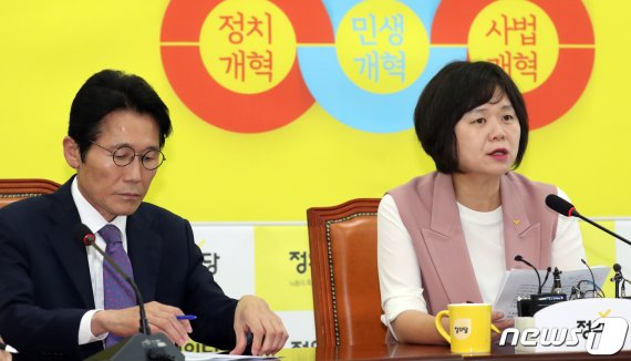 이정미 정의당 대표(왼쪽)가 2일 한 라디오 방송에 출연해 "한국당에 정개특위 위원장을 내주면 중대결단을 하겠다"고 밝혔다. 뉴스1
