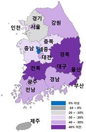 2017년 대비 2047년 생산연령인구 증감률 통계청 제공