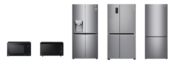 호주 유력 소비자잡지 초이스의 소비자평가 1위를 받은 LG전자 제품. 전자레인지, 슬림 광파오븐, 프렌치도어 냉장고, 양문형 냉장고, 상냉장·하냉동 냉장고(왼쪽부터). LG전자 제공