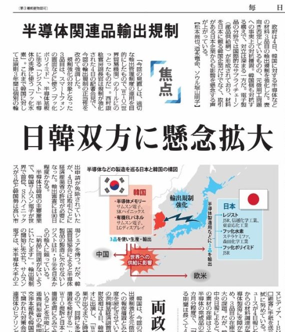 일본에 대한 보복조치를 다룬 마이니치신문 5일자 보도.
