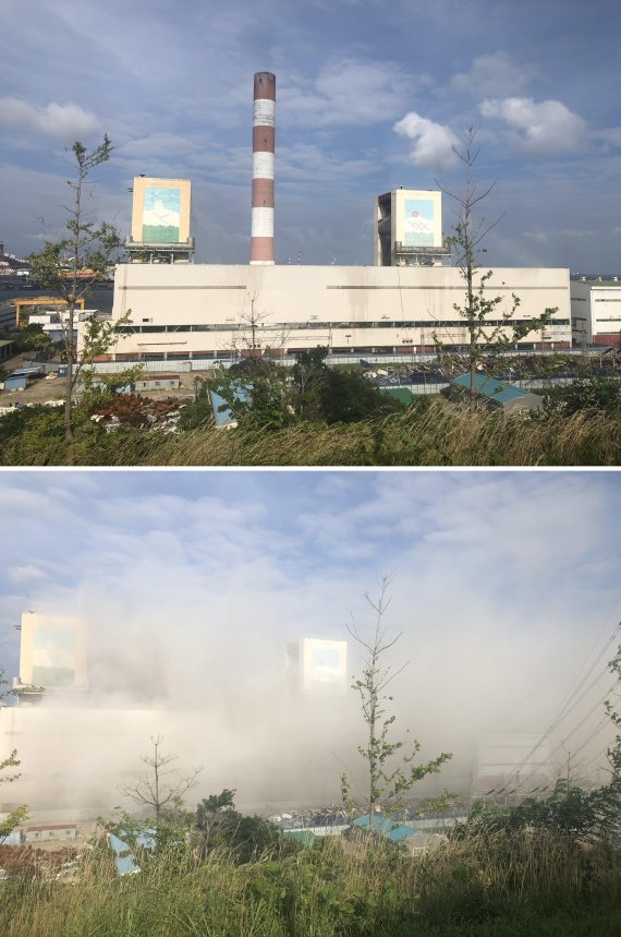 한국동서발전(주) 울산화력본부의 굴뚝(연돌) 전도 행사가 7일 오후 5시 울산시 남구 용잠동 울산화력발전소에서 비공개로 진행됐다. 화력본부 담장 밖에서 촬영한 폭파 전 높이 150m의 대형 굴뚝 모습(위) 폭파 후 굴뚝이 사라진 자리에 엄청난 비산먼지가 발생한 모습(아래) /사진=최수상 기자