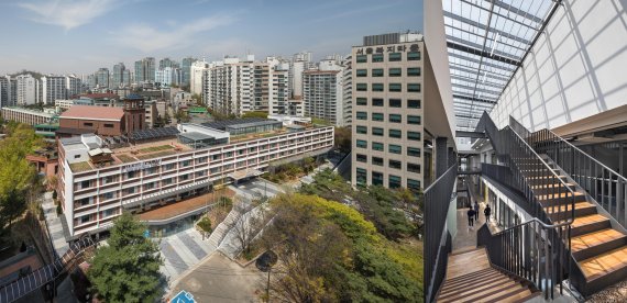 서울 창업허브별관 외부 전경(왼쪽)과 내부 스탠드 형 계단. 리모델링을 통해 창업친화 생태계조성에 집중했다.