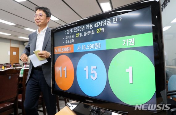 【세종=뉴시스】강종민 기자 = 12일 새벽 정부세종청사에서 열린 최저임금위원회 전원회의에서 2020년 최저임금이 2.9% 인상된 8590원으로 결정됐다. 박준식 최임위원장이 결정된 최저임금안 앞을 미소를 지으며 지나고 있다. 2019.07.12. ppkjm@newsis.com /사진=뉴시스