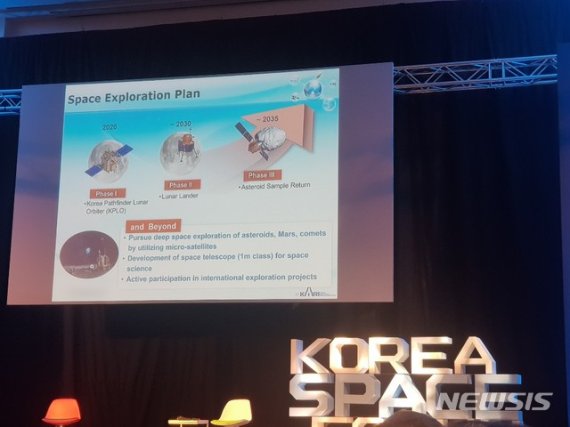 【서울=뉴시스】임철호 한국항공우주연구원 원장은 19일 서울 여의도 콘래드호텔에서 열린 '1회코리아 스페이스 포럼'에서 한국의 달 탐사 계획에 대해 밝혔다. lgh@newsis.com