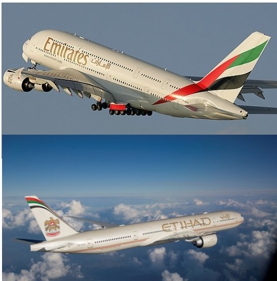 아랍에미레이트의 에미레이트항공(위)과 에티하드항공 비행기. 사진 양사 홈페이지 /사진=뉴시스