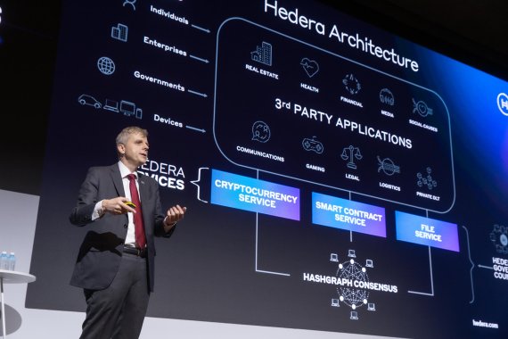 리먼 베어드 헤더라 해시그래프(Hedera Hashgraph) 공동창업자 겸 수석과학자가 4일 그랜드 하얏트 인천에서 열린 '업비트 개발자 컨퍼런스(UDC) 2019' 기조 강연을 하고 있다.