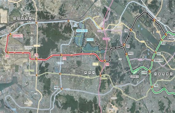 서울지하철 2호선 청라 연장 사업이 홍대∼원종 노선에서 환승하는 노선이 추진되고 있다. 사진은 서울지하철 2호선 청라 연장노선 노선도.