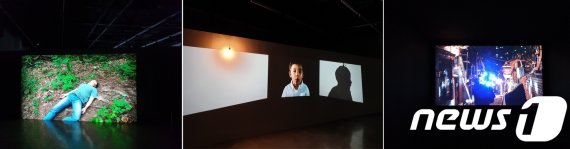 김웅용 'WAKE'(왼쪽부터), 김해민 '두 개의 그림자', 함정식 '기도(퍼포먼스)'.© 뉴스1 이기림 기자