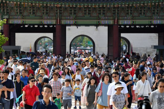 추석연휴 마지막 날인 15일, 서울 경복궁을 찾은 많은 외국인 관광객과 시민들이 고궁을 거닐며 휴일을 보내고 있다. 사진=서동일 기자