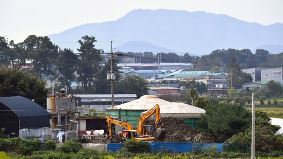 17일 돼지 전염병인 아프리카돼지열병(ASF)이 발생한 경기도 파주시의 한 양돈농장에서 굴삭기로 살처분 준비 작업을 하고 있다. '돼지 흑사병'으로 불리기도 하는 이 질병은 바이러스성 제1종 가축전염병으로 치사율이 100%에 달하는 등 치명적이나 아직 예방백신이 개발되지 않았다. 사람에게는 전염되지는 않는다. 사진=서동일 기자