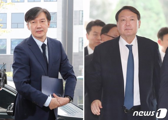 조국 법무부장관(왼쪽)과 윤석열 검찰총장이 25일 각각 대전지방검찰청 천안지청과 인천 영종도 파라다이스시티 호텔로 들어서고 있다. 이날 조 장관은 일선 검사들과 대화를 가졌고, 윤 총장은 마약류퇴치국제협력회의에 참석했다. 사진=뉴스1