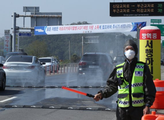 아프리카돼지열병(ASF)이 지난 17일 경기 파주를 시작으로 인천 강화, 경기 연천·김포 등으로 확산되면서 우려가 커지고 있다. 29일에는 충남 홍성에서도 의심신고가 접수됐다. 인천 강화로 진입하는 도로에서 이날 방역당국이 차량 방역작업을 하고 있다. 뉴스1