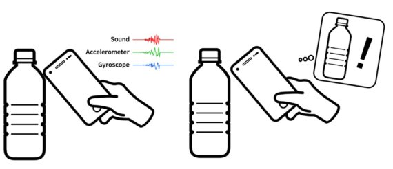 물병에 노크 했을 때의 예시. 노커는 물병에서 생성된 고유 반응을 스마트폰을 통해 분석하여 물병임을 알아내고, 그에 맞는 서비스를 실행 시킨다. KAIS 제공