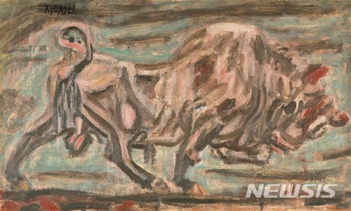 【서울=뉴시스】 박현주 기자= 지난 2018년 7월 서울옥션 제 147회 미술품경매에서 47억원에 낙찰되어 8년만에 이중섭 최고가를 경신한 '소' Oil on paper, 28.2☓45.3cm, Signed on the upper left, 추정가 20억~30억원에 출품됐었다.