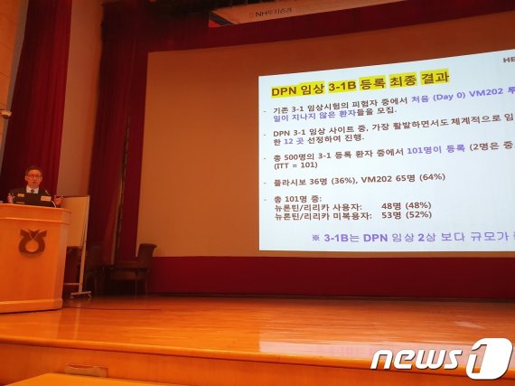김선영 헬릭스미스 대표가 8일 서울 여의도 NH투자증권에서 열린 기업설명회(IR)에서 발표하고 있다. © 뉴스1