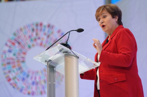 WASHINGTON, Oct. 9, 2019 (Xinhua) -- Kristalina Georgieva, the new chief of the International Monetary Fund (IMF) delivers a speech in Washington D.C., the United States, on Oct. 8, 2019. Trade disputes are taking a toll on global economy, substantially weakening manufacturing activity and investmen