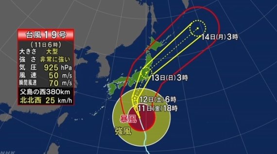 【서울=뉴시스】태풍 19호 하기비스가 오는 12~13일 일본 열도를 지날 전망이다. 사진은 NHK 갈무리.
