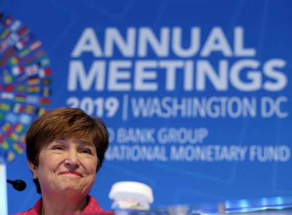 International Monetary Fund (IMF) Managing Director Kristalina Georgieva speaks during a news conference during the World Bank/IMF Annual Meetings in Washington, Thursday, Oct. 17, 2019. (AP Photo/Jose Luis Magana)