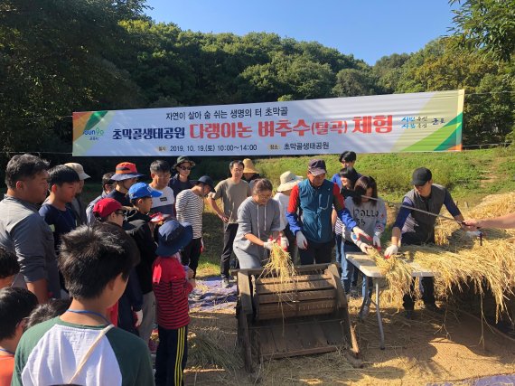 초막골생태공원 내 다랭이논 추수체험. 사진제공=군포시