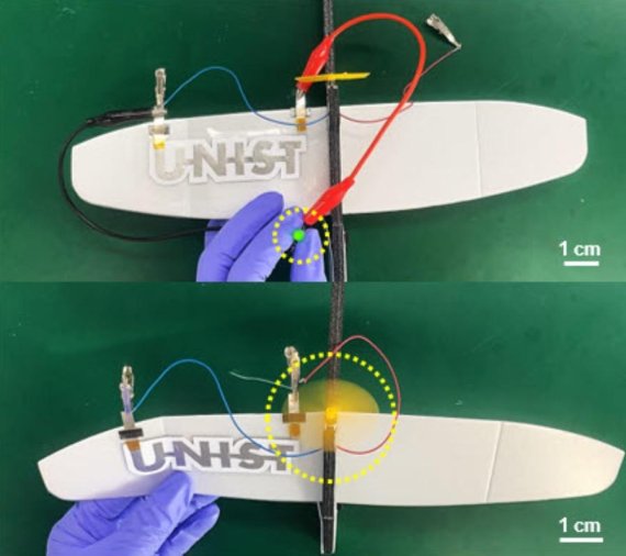 프린팅을 통해 모형 글라이더 날개와 같은 제한적 표면 위에 리튬-황 전지를 구현했다. UNIST 제공