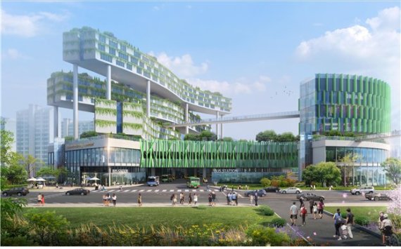 서울 강동구 강일 버스차고지 입체화 후 오픈 스페이스, 입체 보행로, 생활SOC 및 청신호주택 등이 조성된 상상도