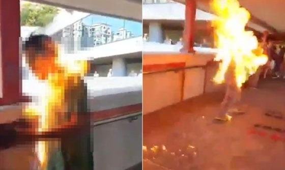 [영상] 홍콩 시위대, 친중 성향 남성에 불 붙여.. 전신 2도 화상