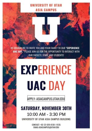 유타대학교 아시아캠퍼스는 오는 30일 오전 10시 예비 대학생들이 유타대 학부 수업을 미리 받아 볼 수 있는 ‘유타대학교 체험의 날’ 행사를 실시한다. 사진은 행사 포스터.