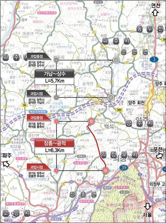 국지도 39호선(장흥~광적) 확-포장공사 노선도. 사진제공=경기북부청