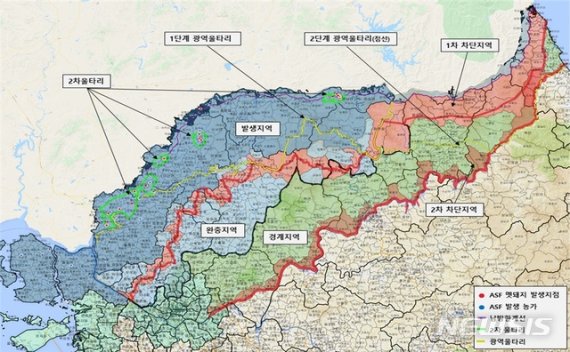 [세종=뉴시스]야생 멧돼지 관리 지역 현황도. 2019.11.21. (자료= 환경부 제공)