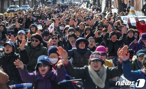 지난달 26일 서울 청와대 앞에서 '문재인하야 범국민투쟁본부'(범투본) 회원들이 집회를 하고 있다. /사진=뉴스1