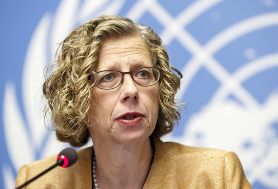 Inger Andersen, Executive Director of the United Nations Environment Programme (UNEP), informs to the media about the UNEP's annual Emissions Gap report during a press conference, at the European headquarters of the United Nations in Geneva, Switzerland, Tuesday, Nov. 26, 2019. (Salvatore Di Nolfi/K