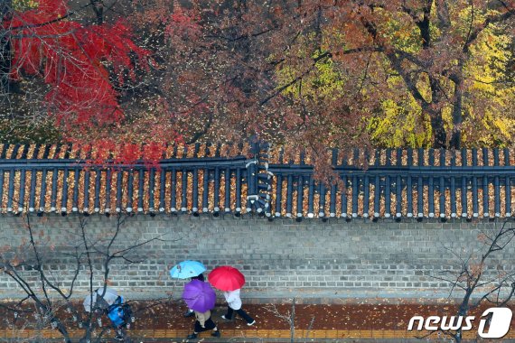 전국 대부분 지역에 비가 내린 1일 오후 서울 중구 덕수궁 돌담길에서 우산을 쓴 시민들이 떠나가는 가을 정취를 느끼며 낙옆 쌓인 길을 걸어가고 있다. 2019.12.1 /뉴스1 © News1 민경석 기자